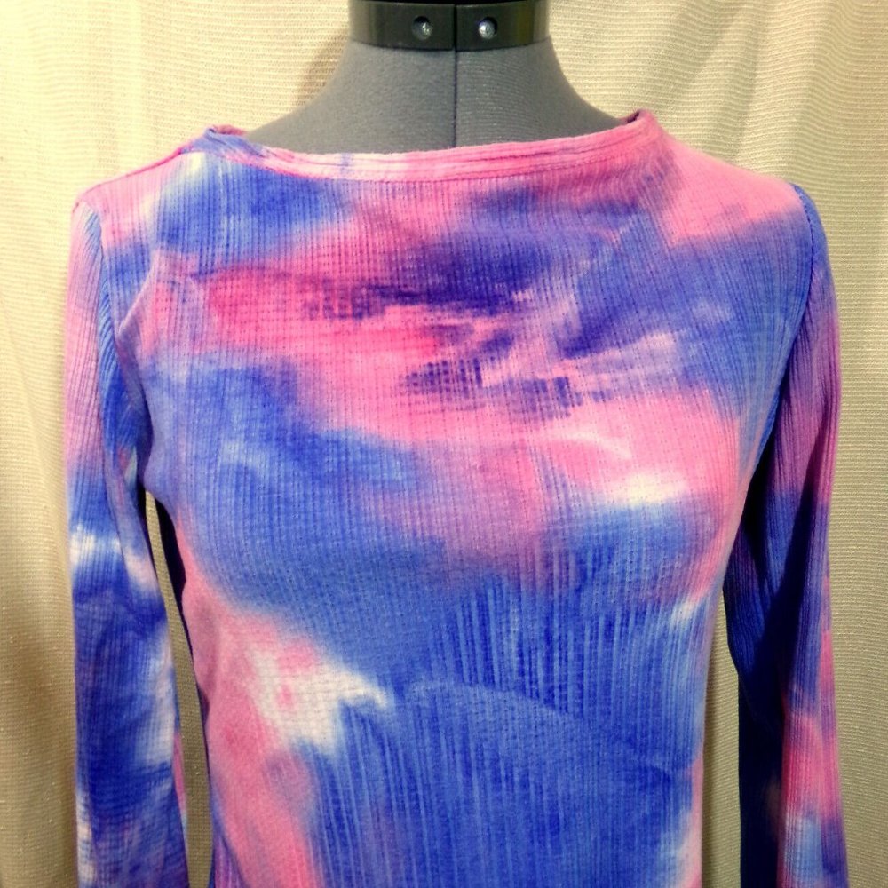 New Tie dye Ribbed knit T-shirt Top XS Pink Blue Scoop neck Stretch knit Hippie
